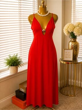 Satin Red Spaghetti-Strap Maxi Dress with Front Ring Accent